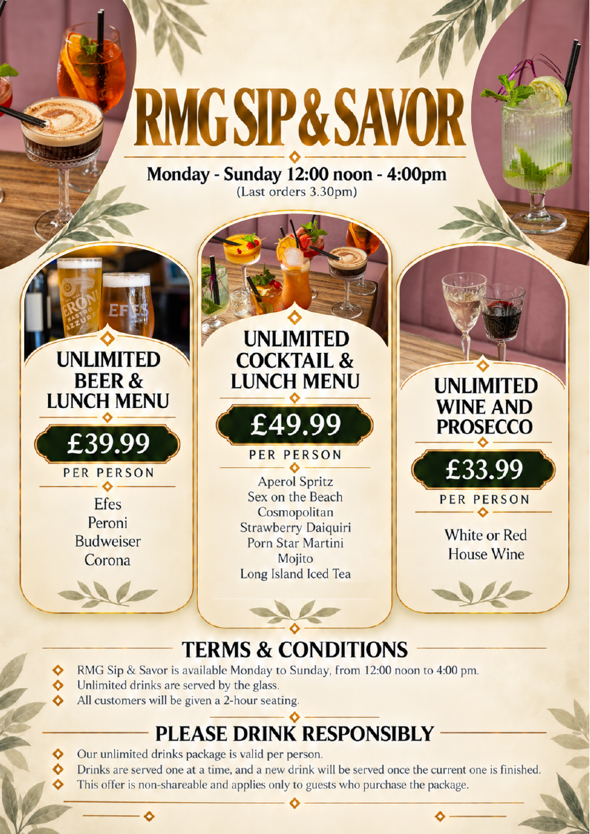 RMG Sip and Savor drinks packages: beer and lunch menu £39.99, cocktails and lunch menu £49.99, wine and prosecco £33.99 per person.